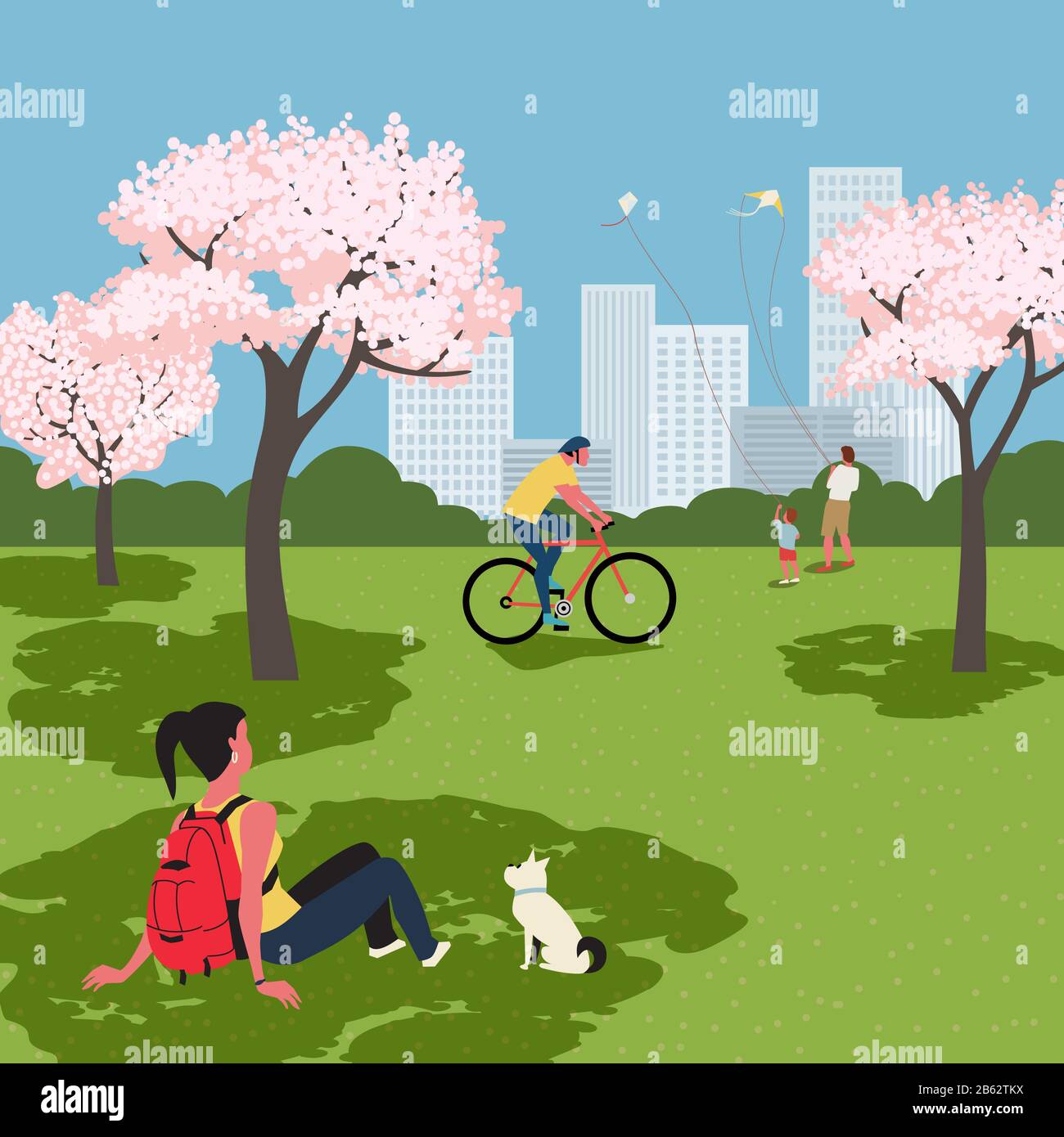 Blooming cherry city park recreation zone vector Stock Vector