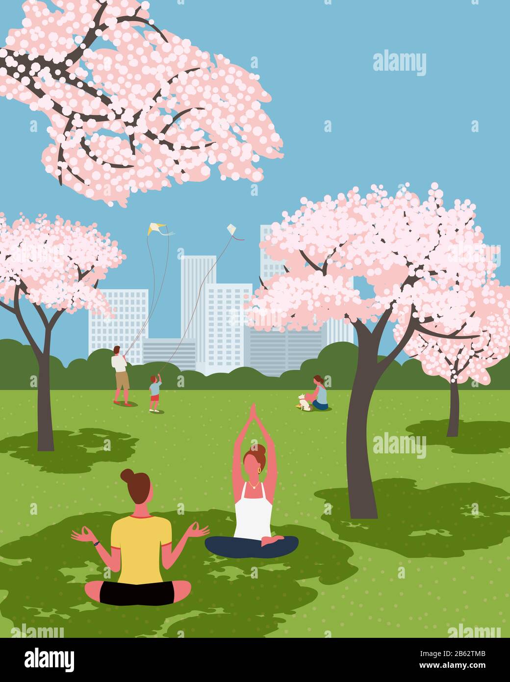 Blooming cherry city park recreation zone vector Stock Vector