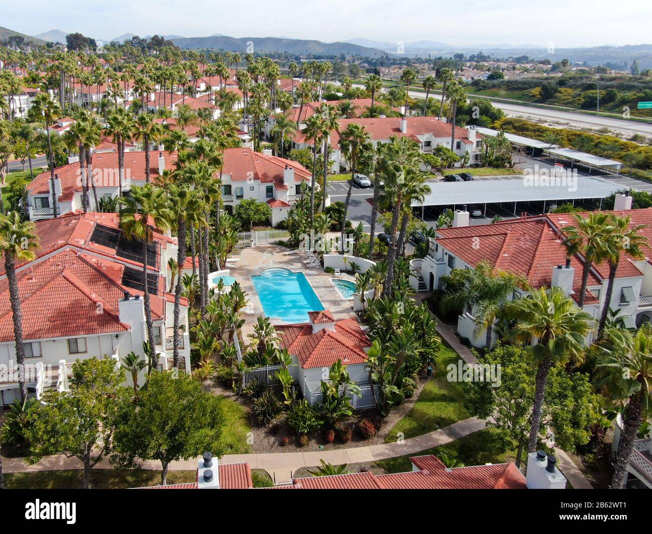 Aerial view of typical Southern California Spanish style residential ...