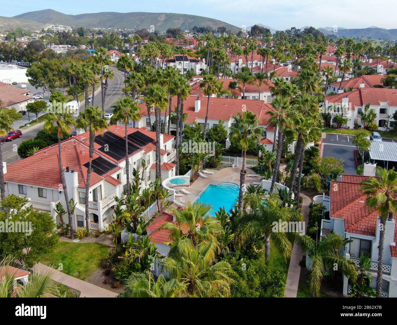 Aerial view of typical Southern California Spanish style residential ...