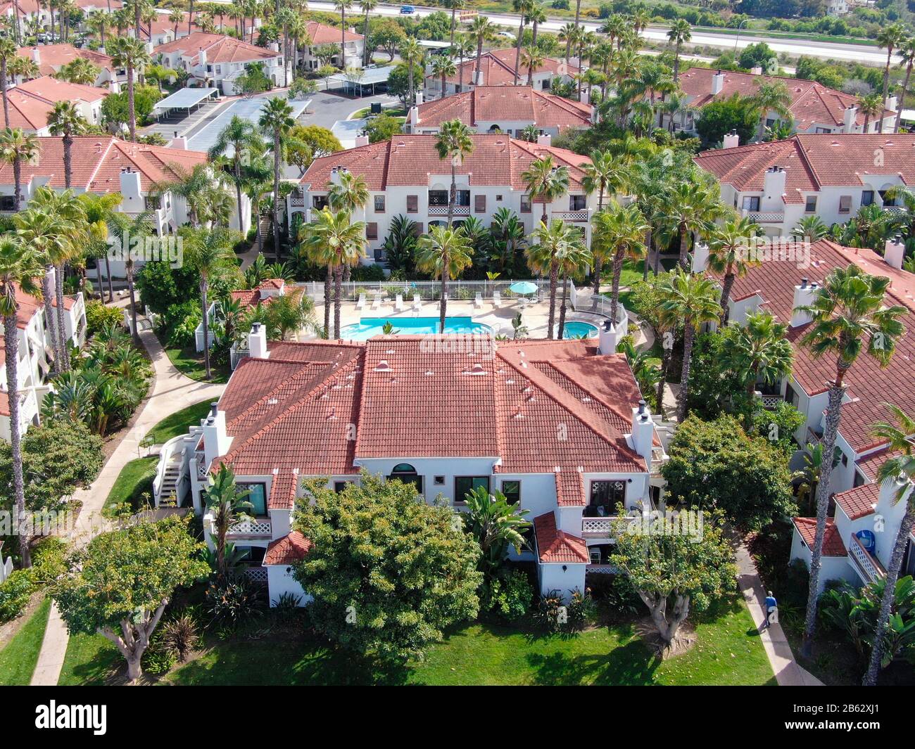 Aerial view of typical Southern California Spanish style residential ...
