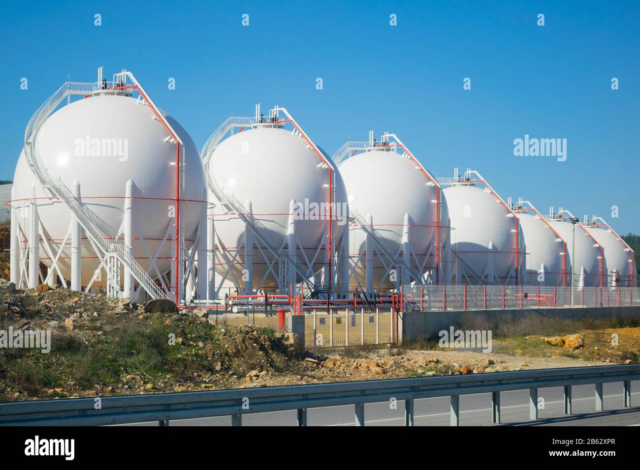 Seven LPG storage tanks. Liquefied  petroleum gas (LPG) storage tanks. Gas plant. Stock Photo