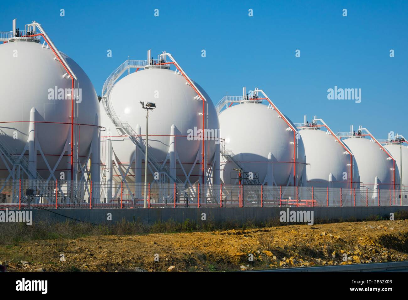 LPG or LNG storage tanks on a plant. Liquefied  petroleum gas (LPG) storage tanks. Gas plant. Stock Photo