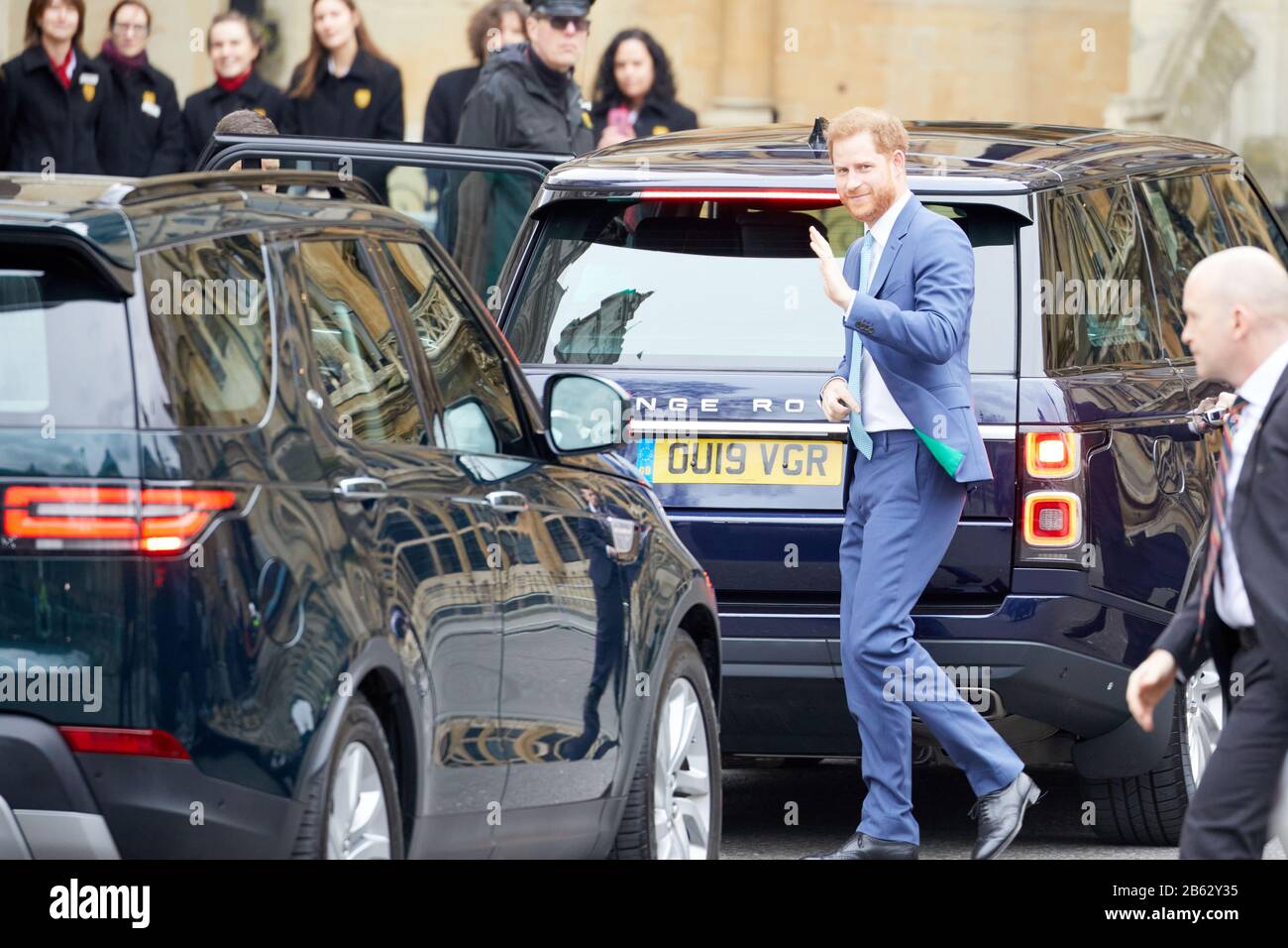 London, U.K. - 9 Mar 2020: Prince Harry, Duke of Sussex, waves to the crowd  arriving for the Commonwealth Day Service at Westminster Abbey on his last day of public royal duties. Stock Photo