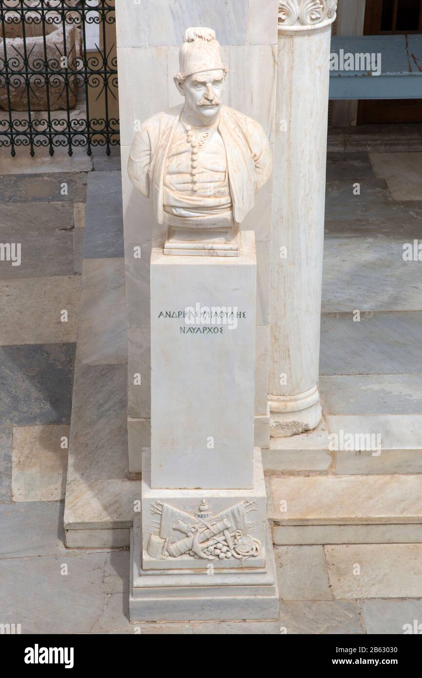 War memorial sculpture of Andreas Vokos (nicknamed Miaoulis) who was a Greek admiral during the Greek War of Independence 1821-1829 Stock Photo