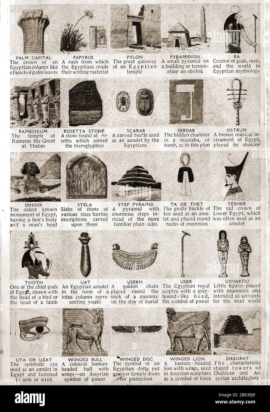 1920's magazine page showing artifacts and symbols relating to ancient Egypt. Palm capital column, papyrus, pylon, gateway,temple,ra, temple, rameses, thebes,rosetta, stone,scarab, amulet, ramesseum,serdab,chamber, tomb,sistrum, musical, music,sphinx,stela,step , pyramid,ta,thet,tesher,crown,thoth, uat,usekh, user,power symbol,ushabtiu figures,uta,uzat, winged bull,winged disc, winged lion and zikkurat. Stock Photo
