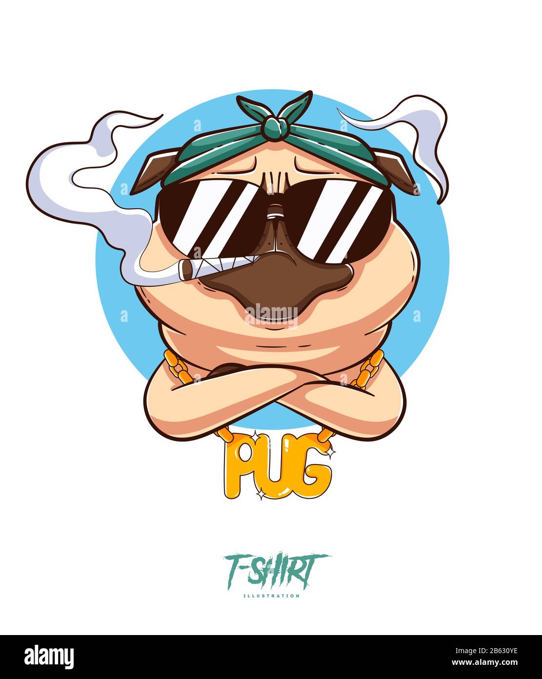 Pug life. Print on T-shirts, sweatshirts and souvenirs. Brutal pug gangster with gold chain Stock Vector