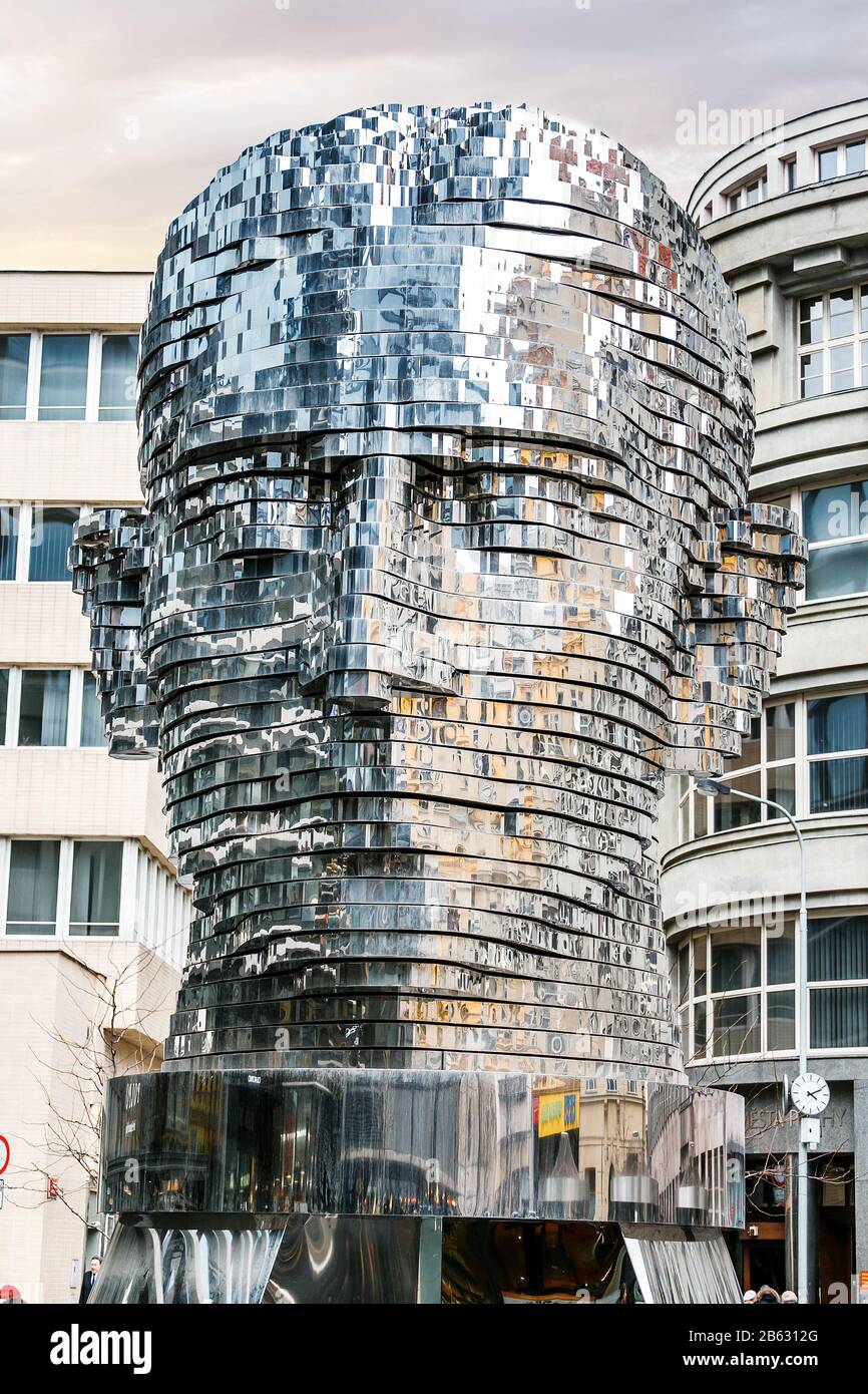 PRAGUE, CZECH REPUBLIC - 18 MARCH, 2017: Modern art installation of the rotating metal head of the writer Franz Kafka Stock Photo