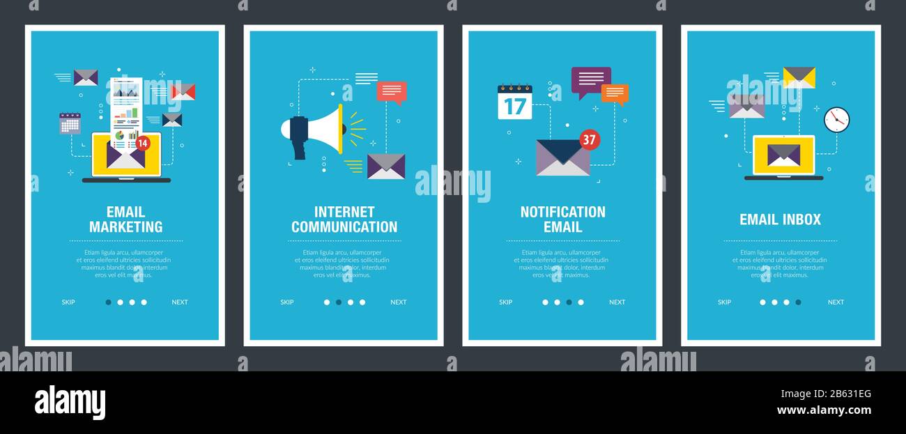 Vector set of vertical web banners with email marketing, internet communication, notification email and email inbox. Vector banner template for websit Stock Vector