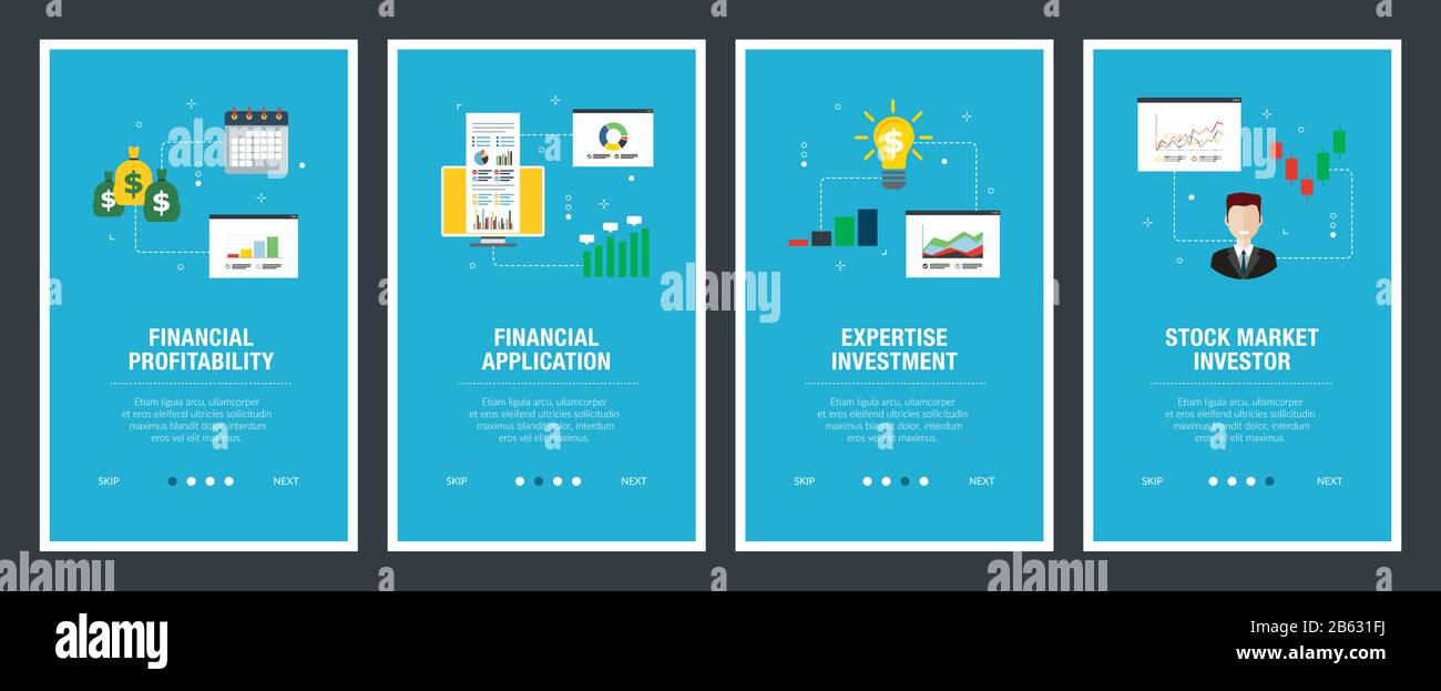 Web banners concept in vector with financial profitability, financial application, expertise investment and stock market investor. Internet website ba Stock Vector