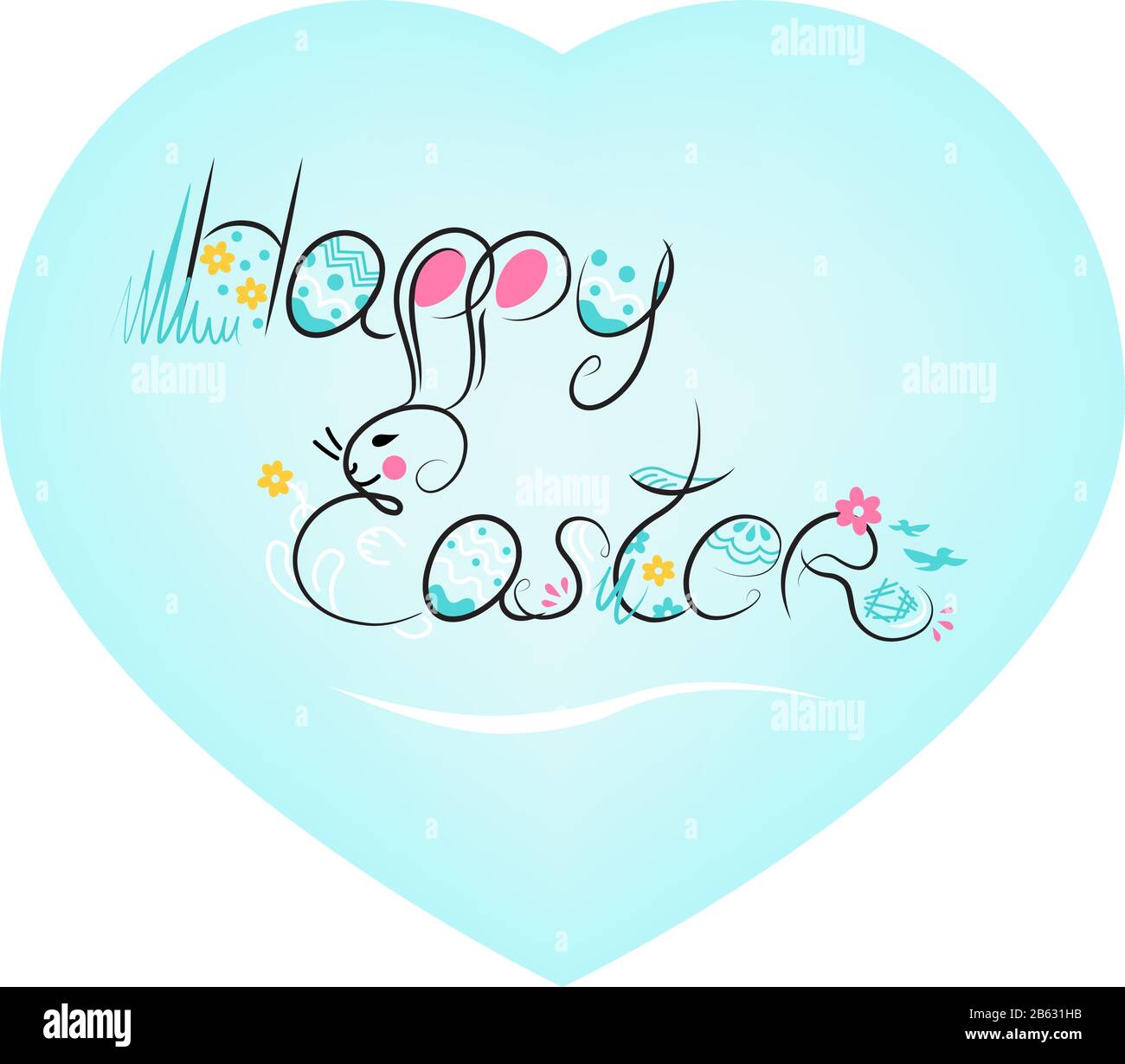 Holiday Easter vector Illustration, greeting postcard, poster, banner, flyer. Rabbit Bunny, Eggs, Flowers, Birds, leaves. Funny doodle composition fro Stock Vector