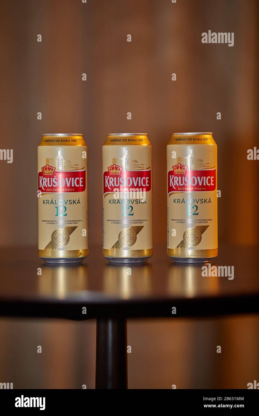 Cans of Krusovice Czech beer Stock Photo