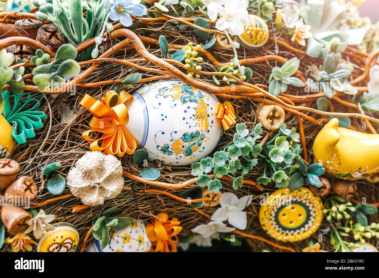 Easter decorated eggs on a wreath Stock Photo