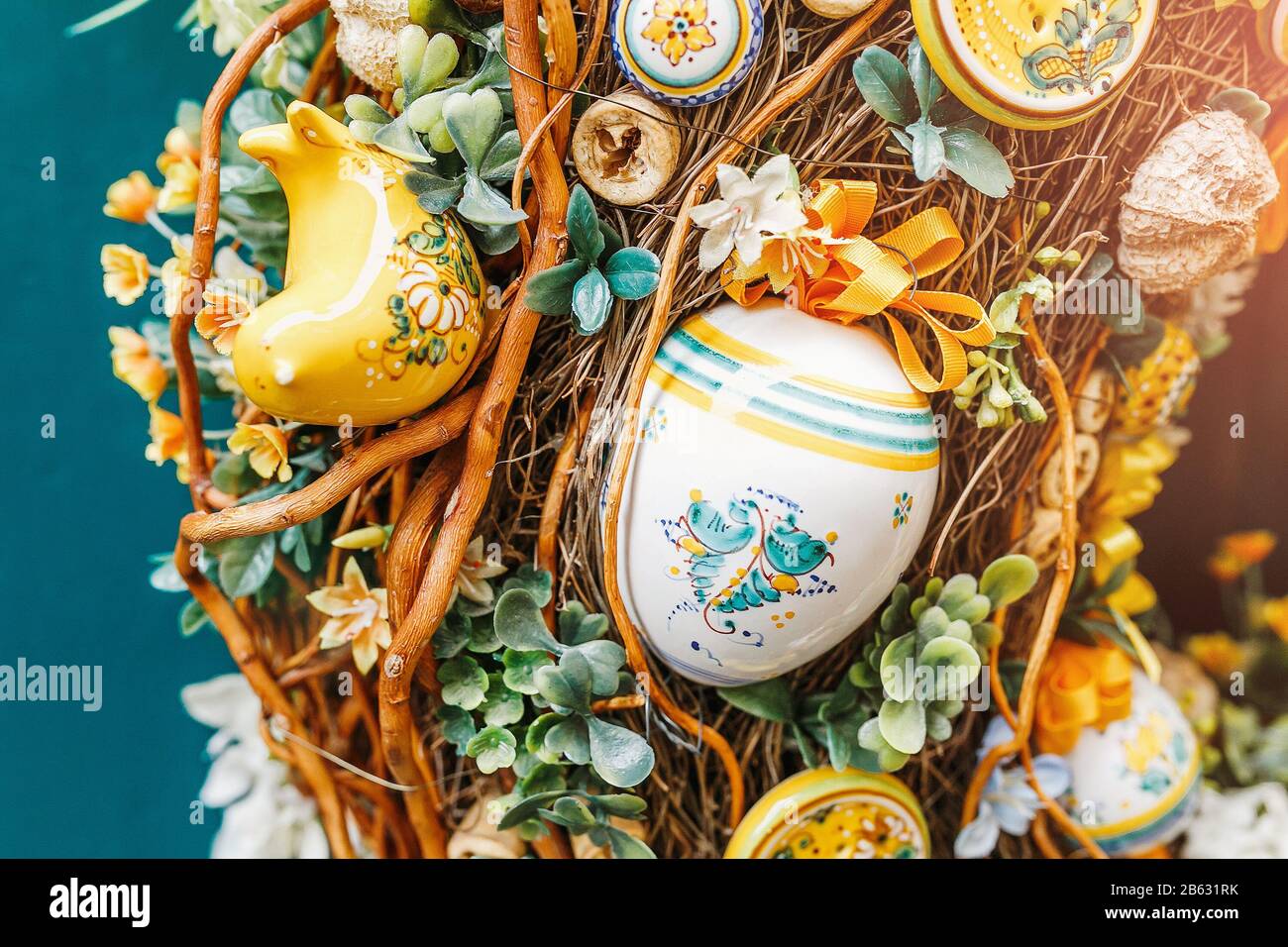 Easter decorated eggs on a wreath Stock Photo