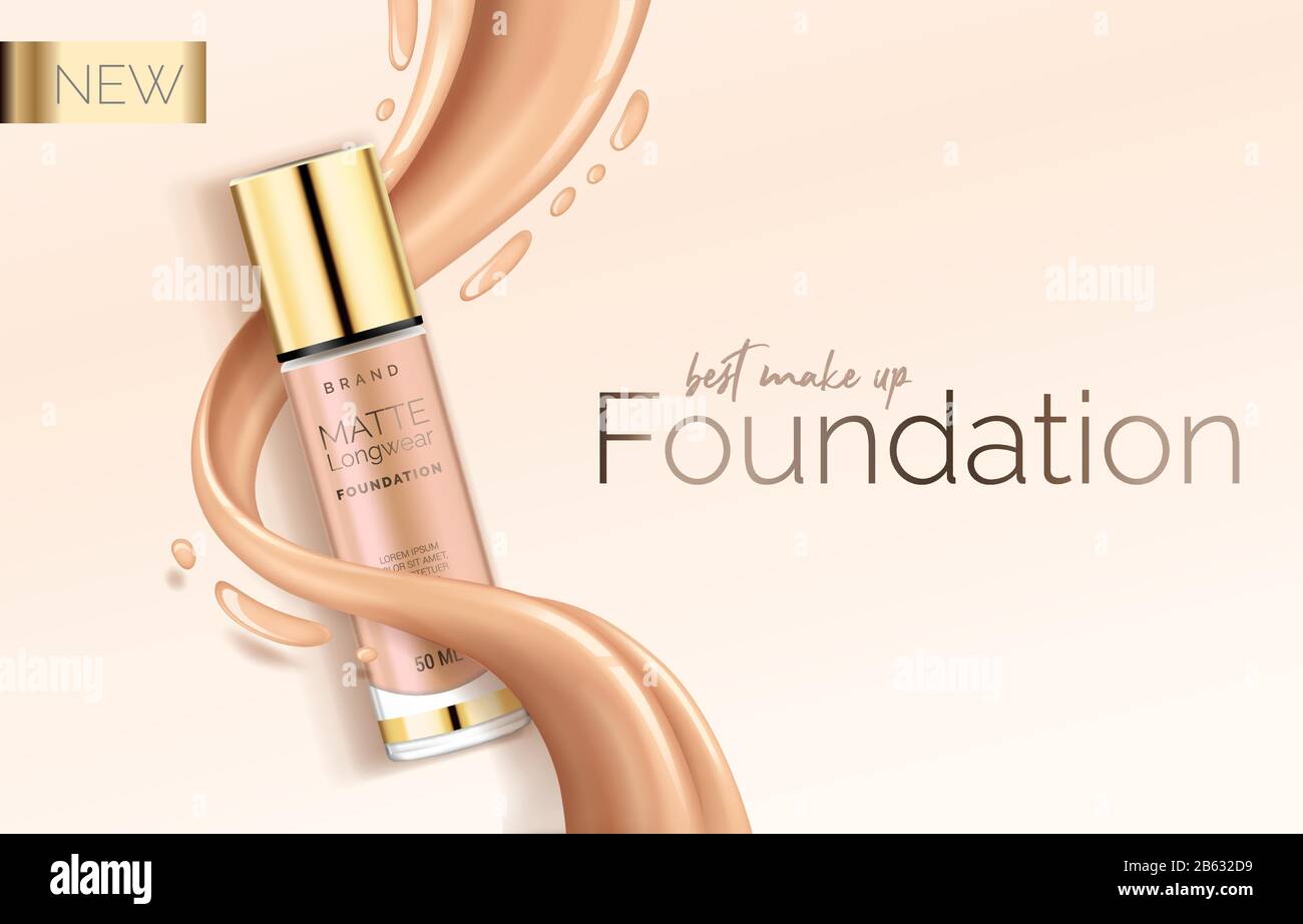 Foundation makeup, advertising design template for catalog with concealer, BB cream packaging tube mock up with liquid foundation in the background Stock Vector