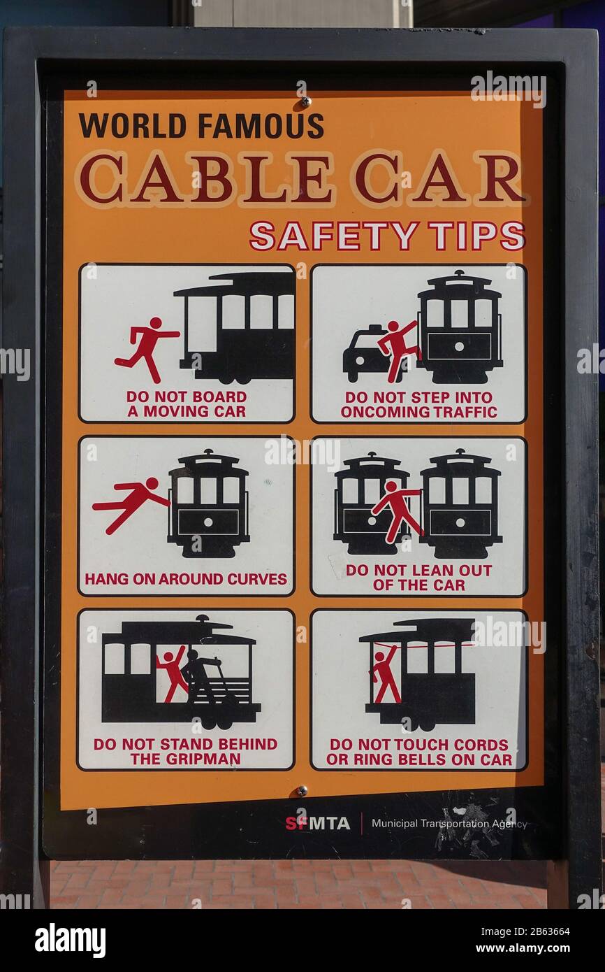 An SFMTA cable car safety tips sign in San Francisco Stock Photo