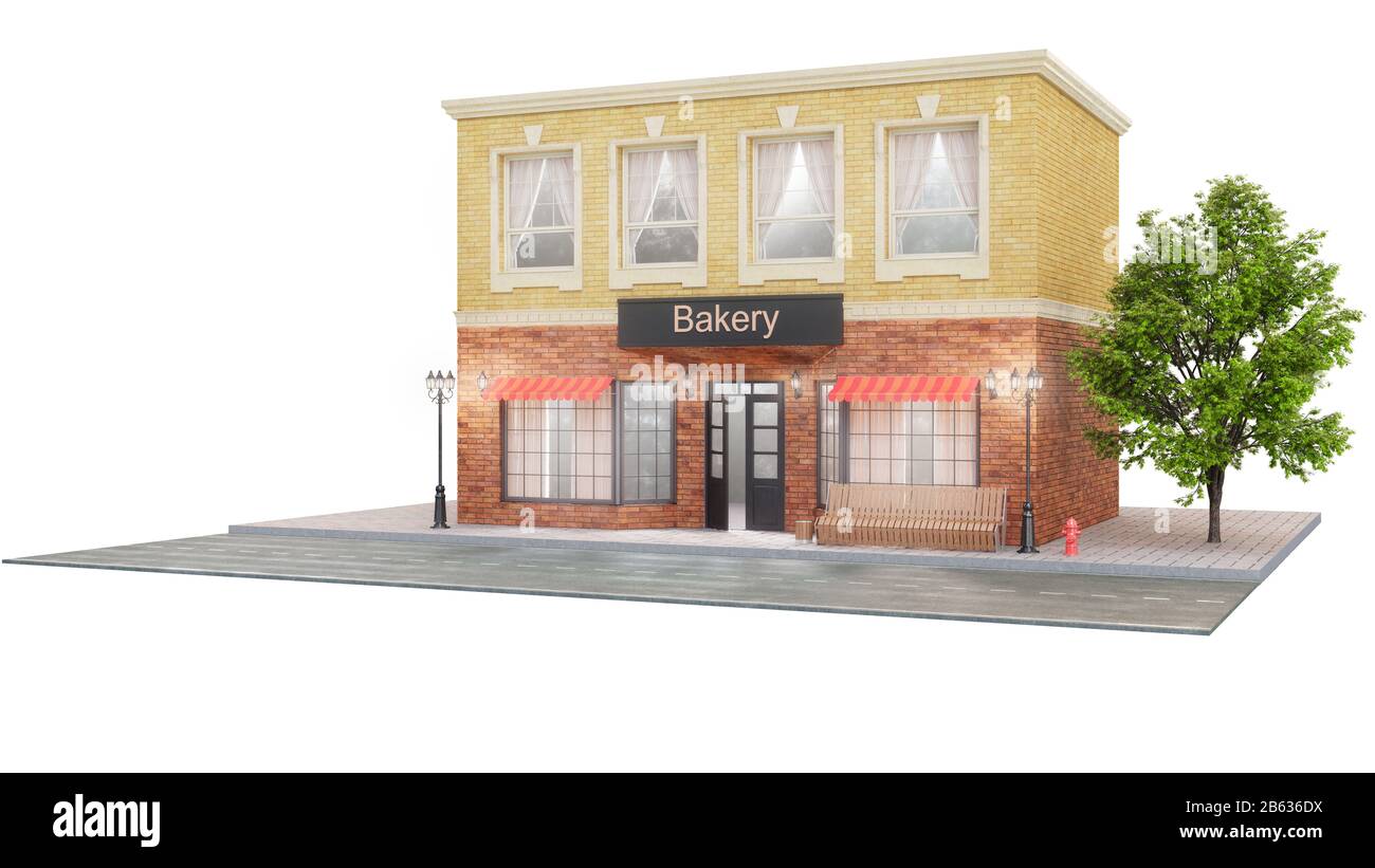Bakery or shop with delicious pastries. Exterior of a building near the road on a white background. View from street is a bench with a garbage bin Stock Photo