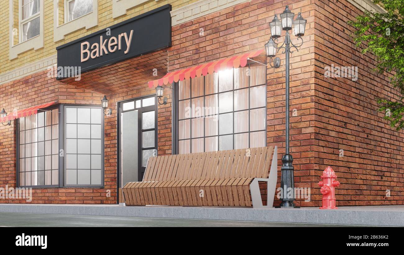 Bakery or shop with delicious pastries. Exterior of a building near the road. View from street is a bench with a garbage bin, street lights and a Stock Photo