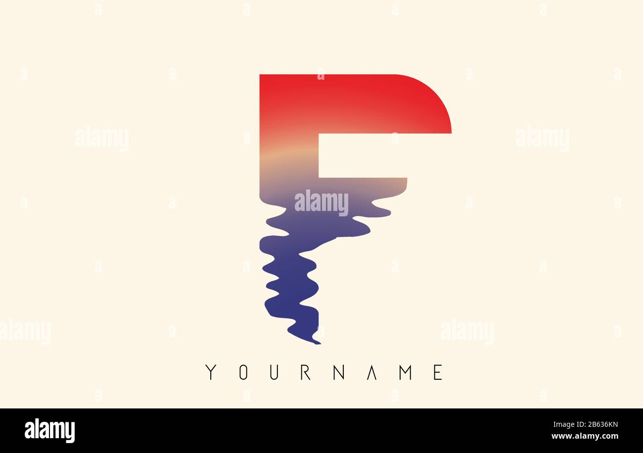 F Letter Logo Design with Water Effect and Sunset Gradient Vector Illustration. Stock Vector