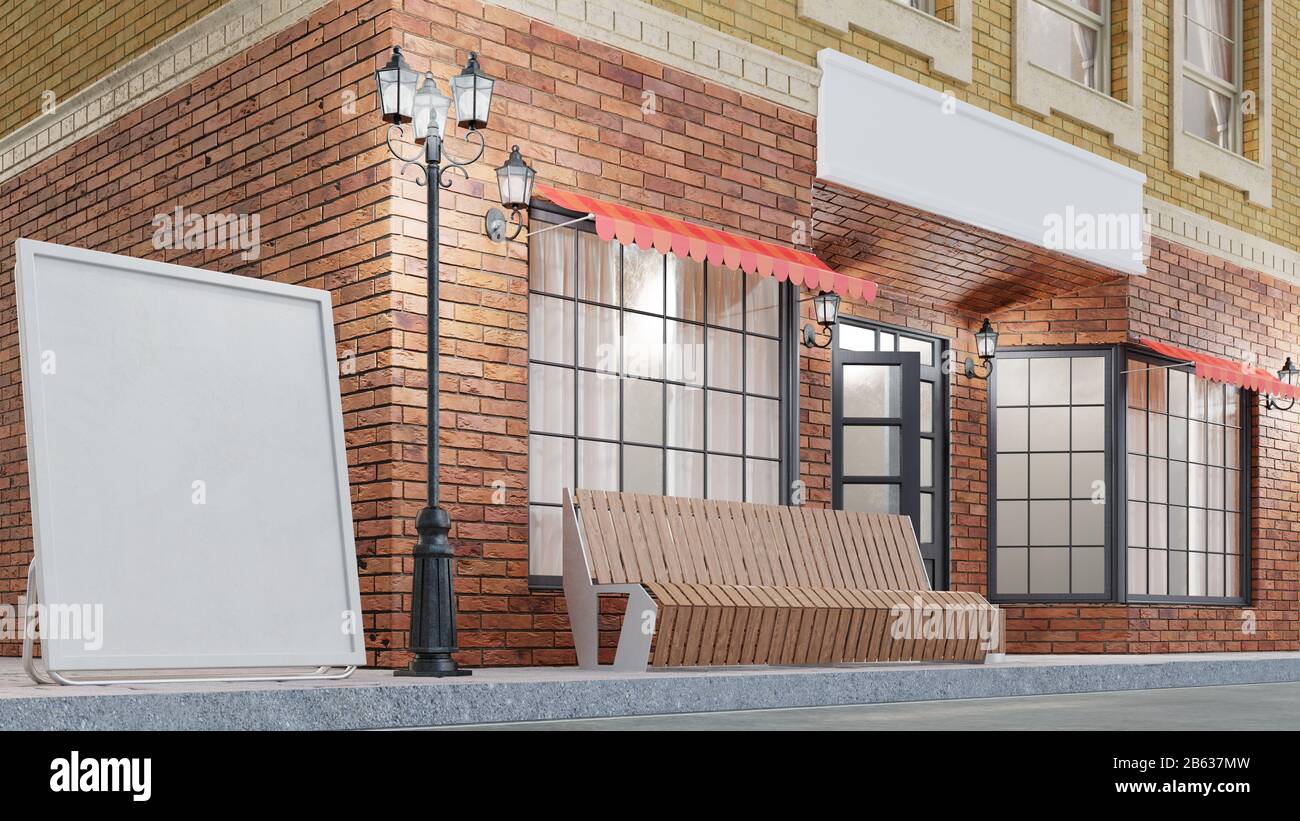 Exterior of a building with two mockups or banners for your text. The view from the street is a bench with a garbage bin, street lights, 3d Stock Photo