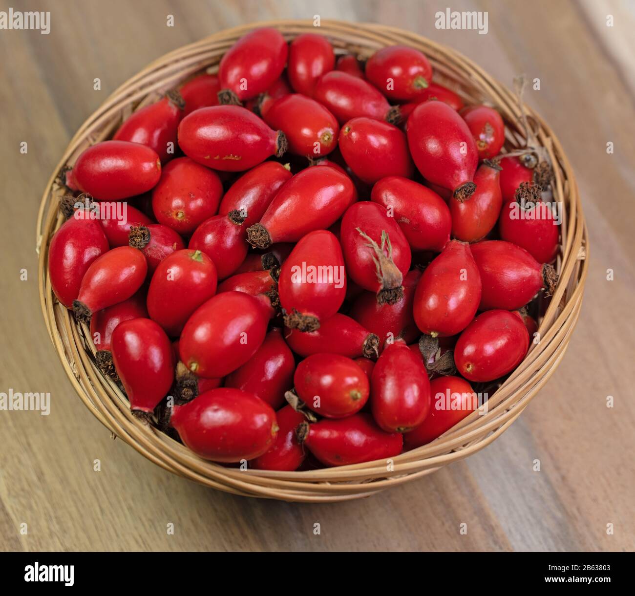 Freshly picked rose hips in a basket Stock Photo