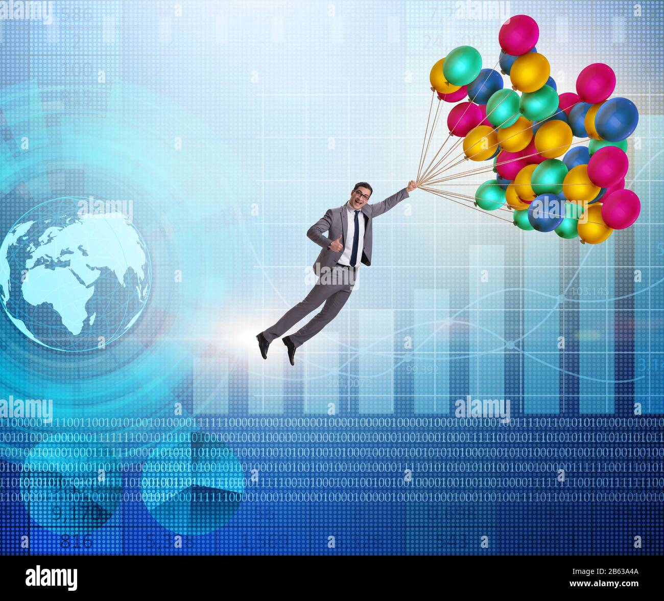 Graph Balloons Rising The businessman flying on balloons over graph Stock Photo - Alamy