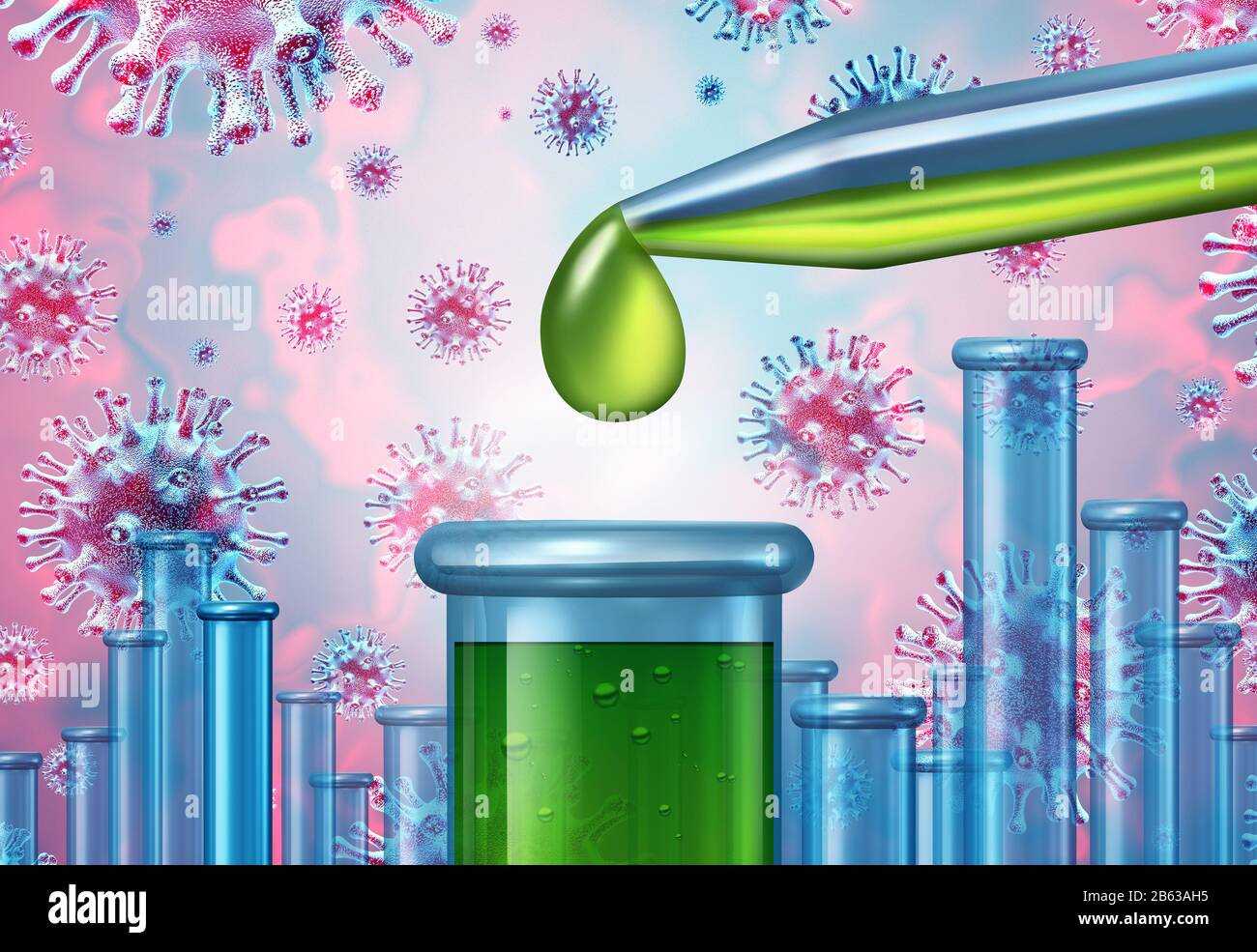 Virus vaccine and coronavirus vaccination medicine and flu or influenza therapy medication concept as medicinal laboratory test tube pharmaceutical. Stock Photo