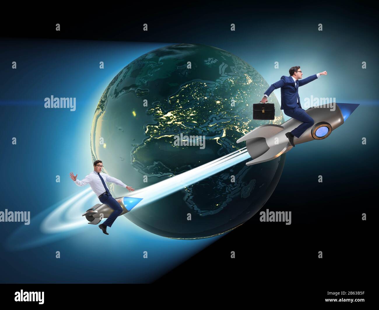 The businessman on the rocket in global business concept Stock Photo ...