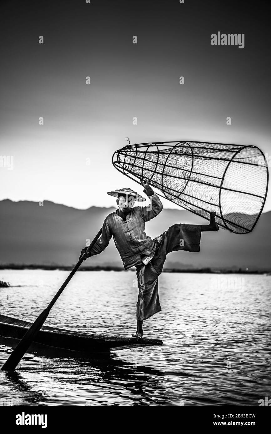 Traditional fisherman, Inle lake, Myanmar, Asia Stock Photo