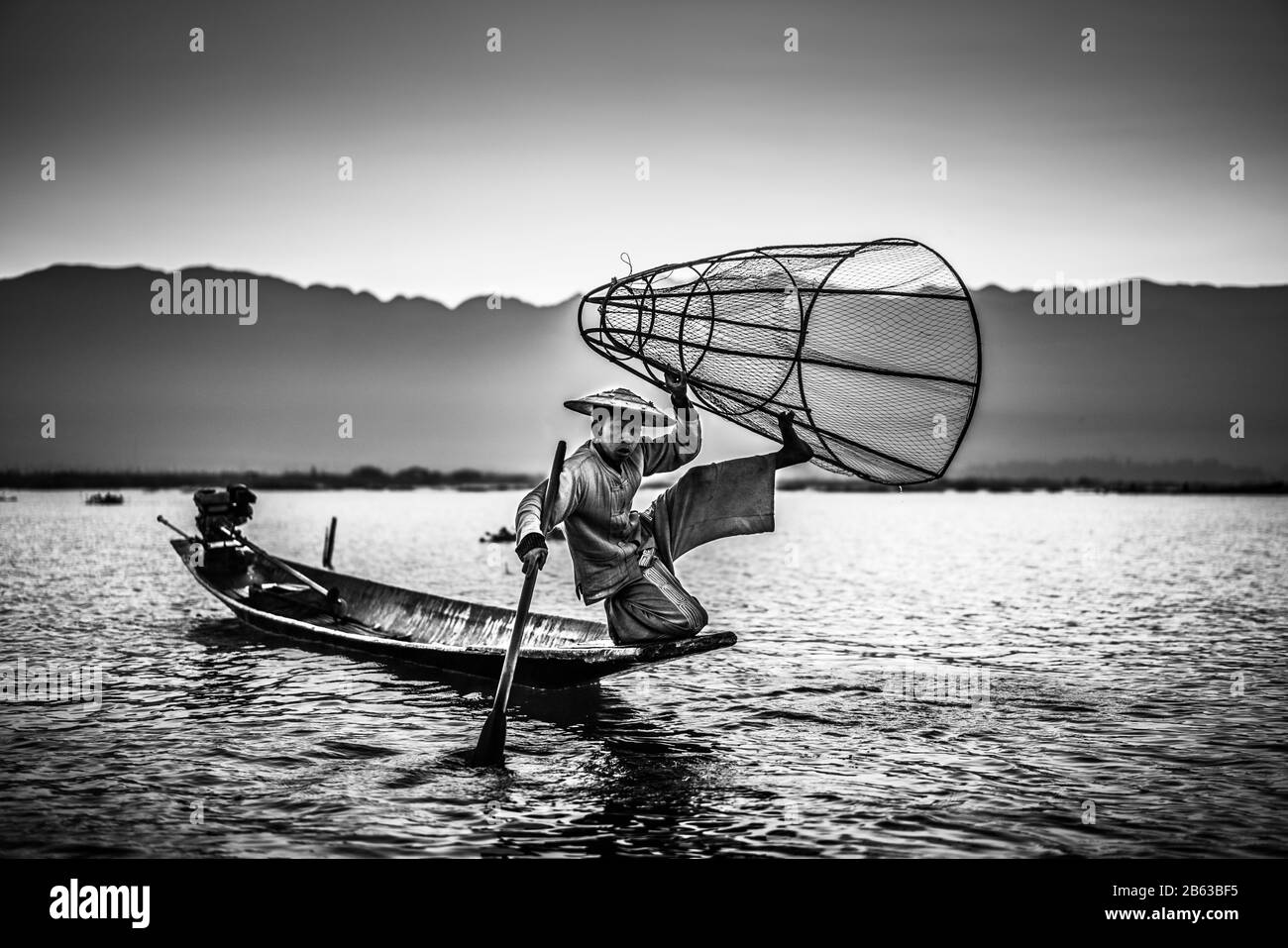 Traditional fisherman, Inle lake, Myanmar, Asia Stock Photo