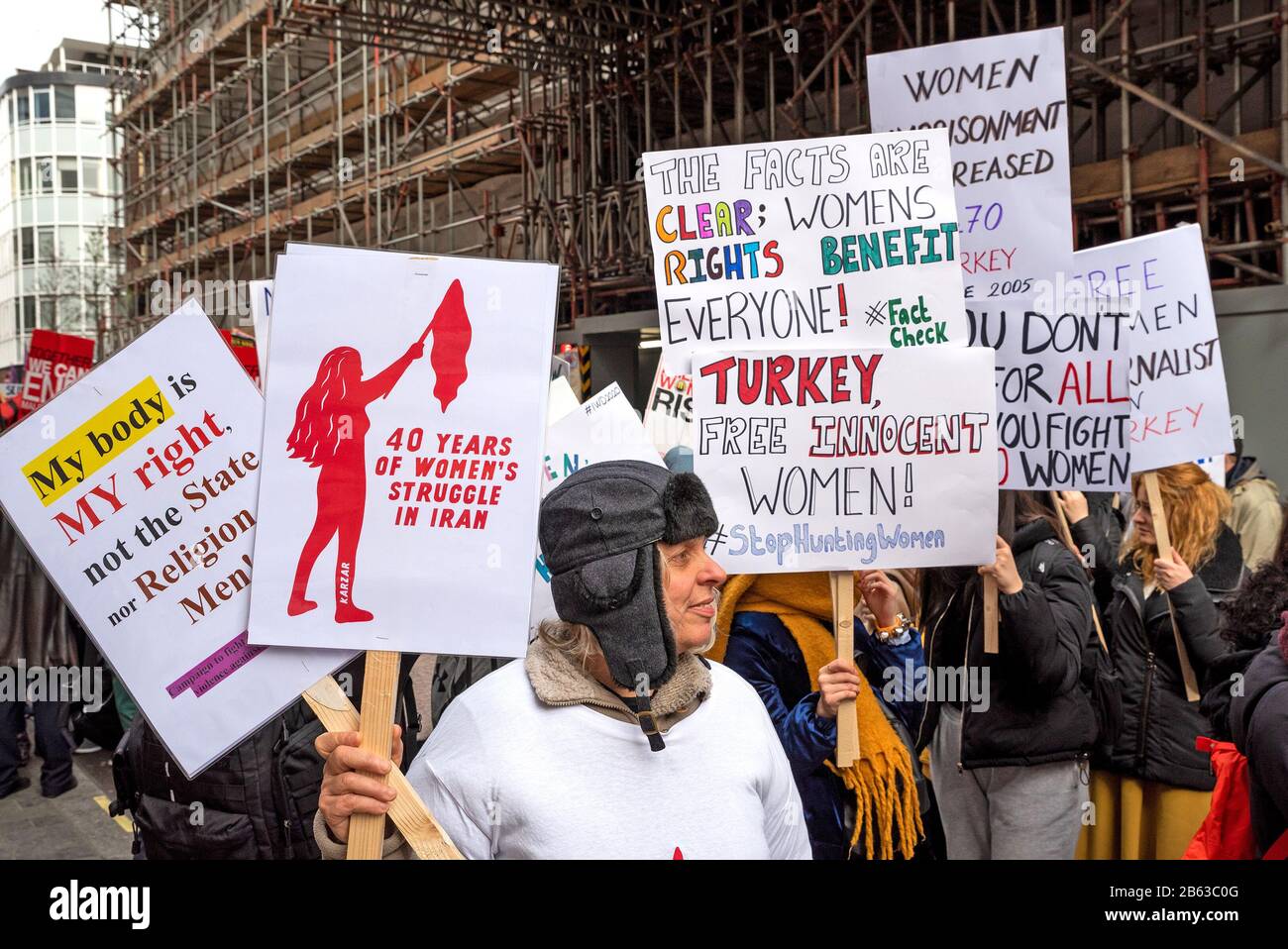 London, UK, 7th March 2020. The 13th annual Million Women Rise march through Central London. Marching against male violence to women and girls. Starting at the Duke Street/Oxford Street junction and finishing at Trafalgar Square. Credit: Stephen Bell/Alamy. Stock Photo