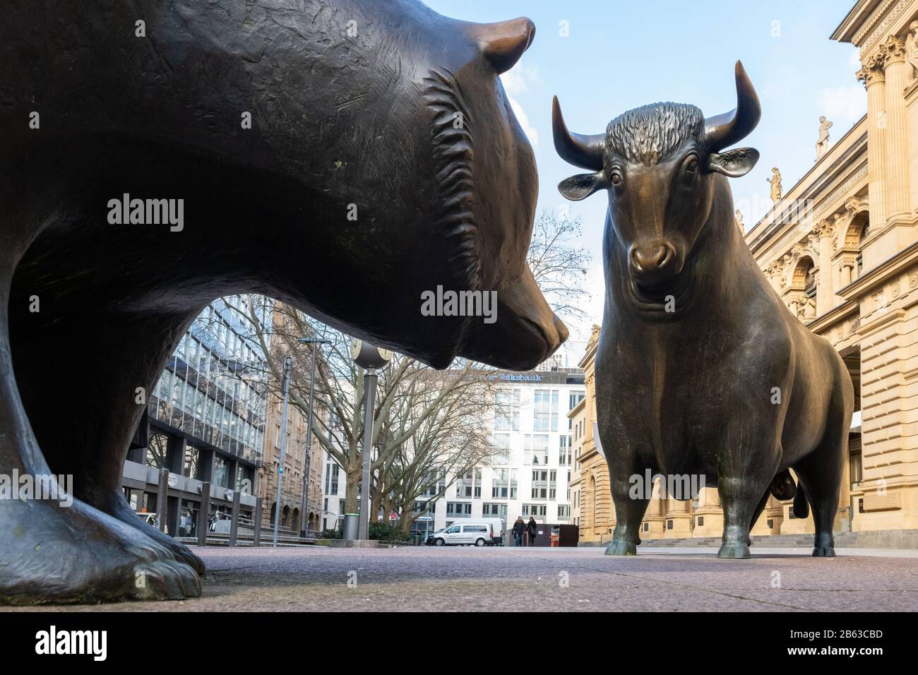 Bull and Bear statues outside the Frankfurt Stock Exchange, Germany, Europe Stock Photo