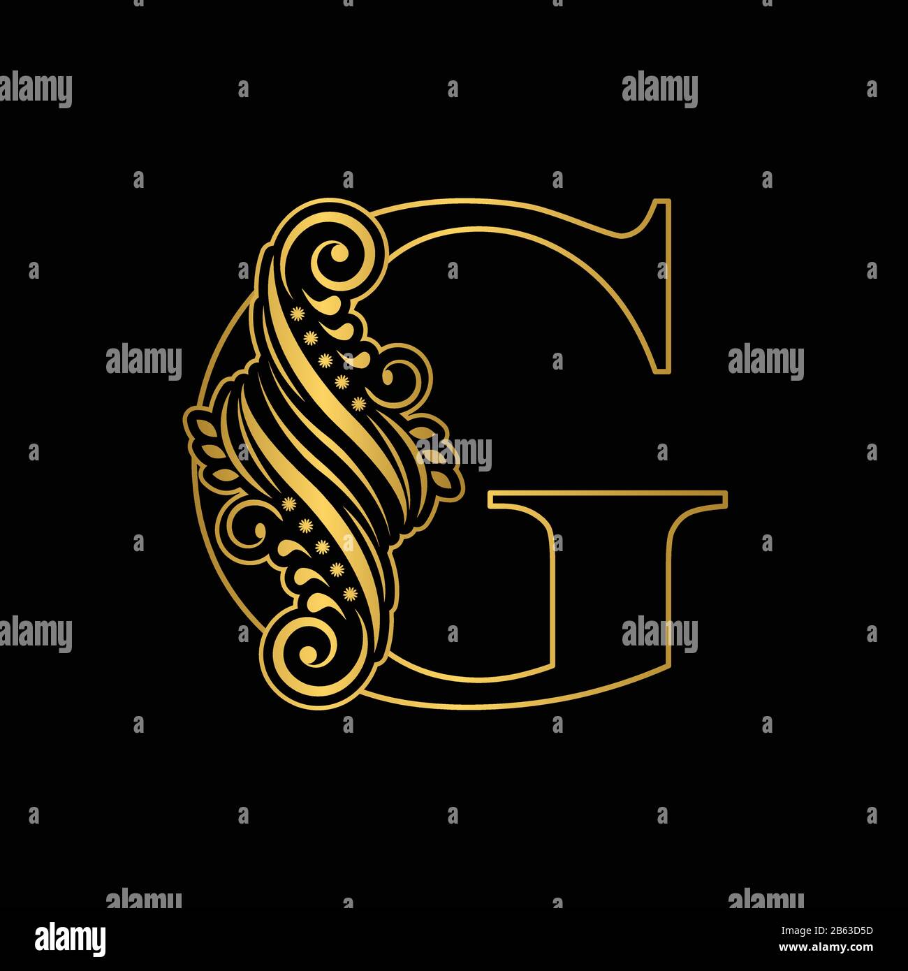 Gold letter G. Vintage golden flower ornament initial letters.  Alphabet. Logo vector Stock Vector