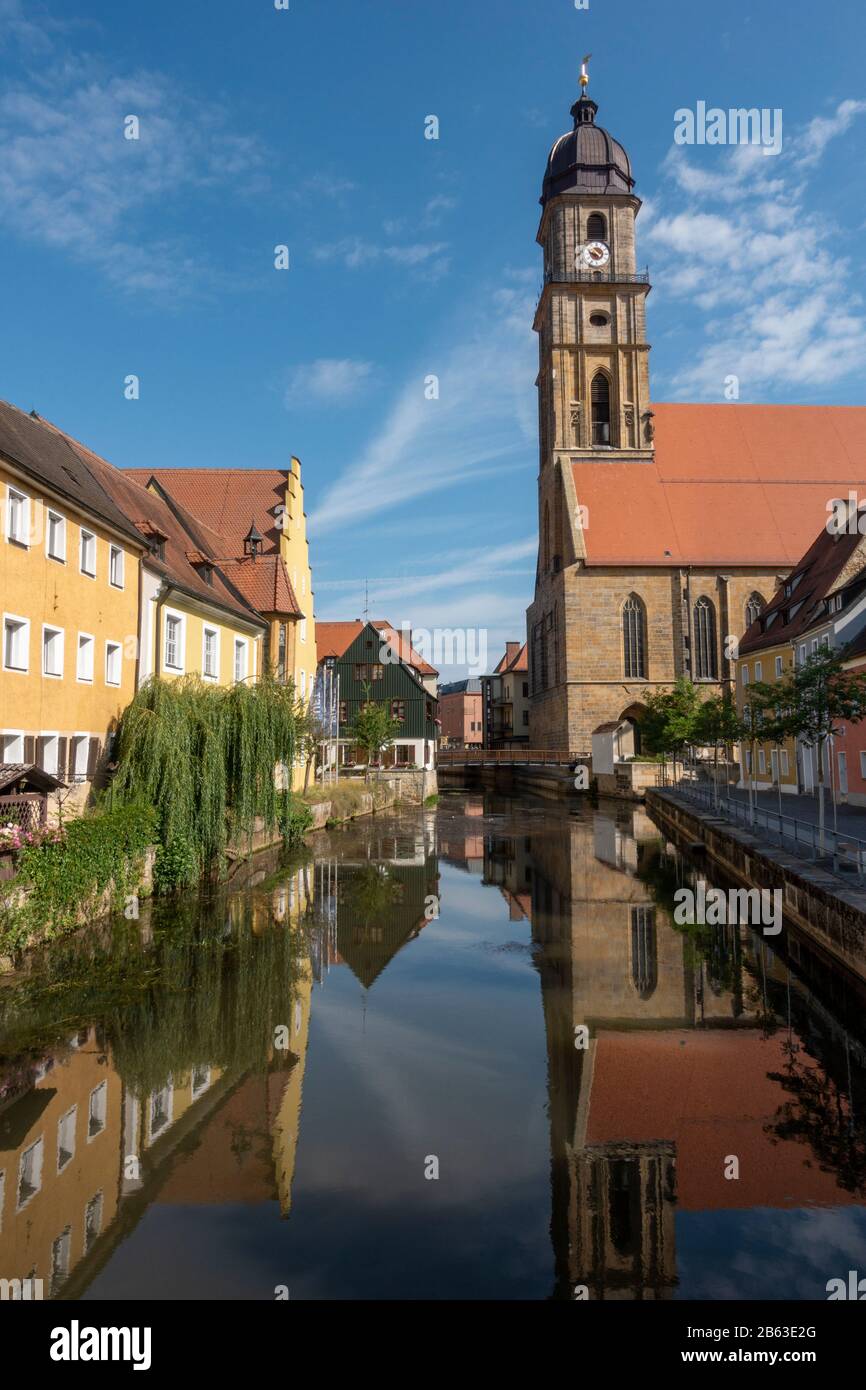 The River Vils and the Basilika St. Martin in Amberg, Bavaria, Germany. Stock Photo