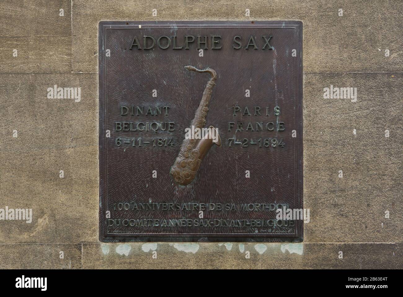 Grave of Belgian inventor and musician Adolphe Sax (1814-1894) at Montmartre Cemetery (Cimetière de Montmartre) in Paris, France. Adolphe Sax created the saxophone in the early 1840s and patenting it in 1846. Stock Photo
