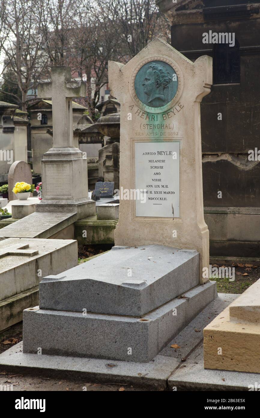 Grave of French novelist Marie-Henri Beyle, better known as Stendhal (1783-1842) at Montmartre Cemetery (Cimetière de Montmartre) in Paris, France. Stock Photo