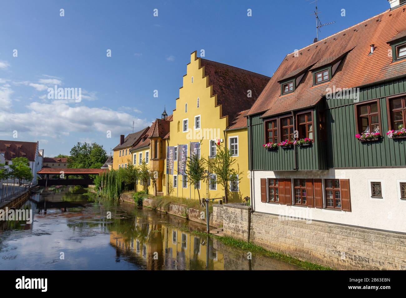 View along the River Vils and the LuftMuseum (Air Museum) in Amberg, Bavaria, Germany. Stock Photo