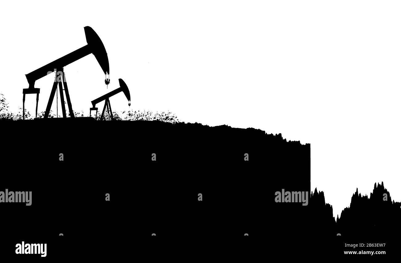 Oil price war triggered by coronavirus. Oil prices are crashing. Silhouette of oil pumps that transforms to the chart with oil price vs USD (as of Mar Stock Photo