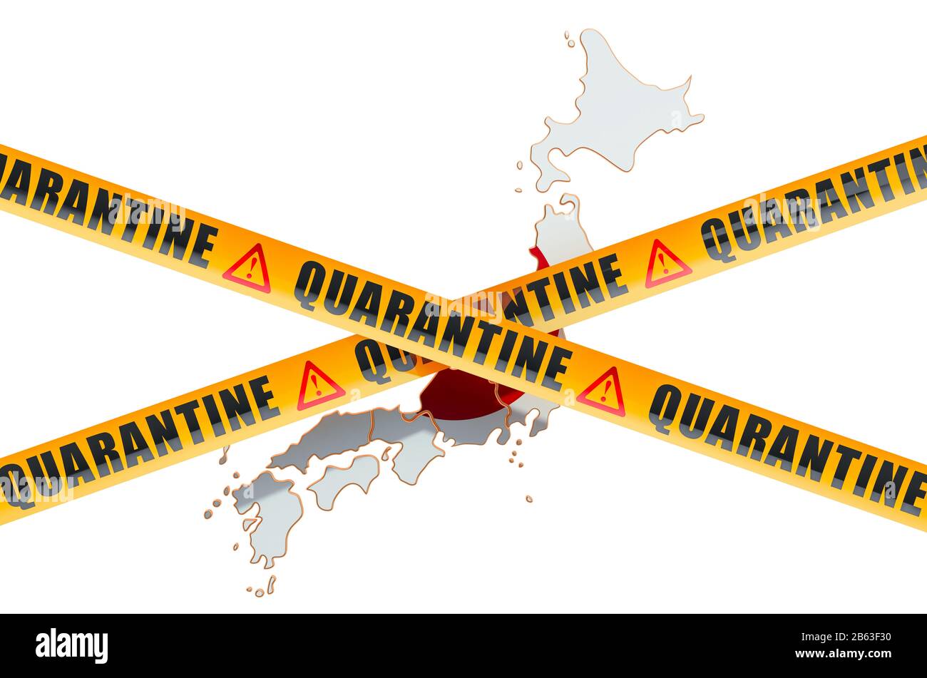 Quarantine in Japan concept. Japanese map with caution barrier tapes, 3D rendering isolated on
