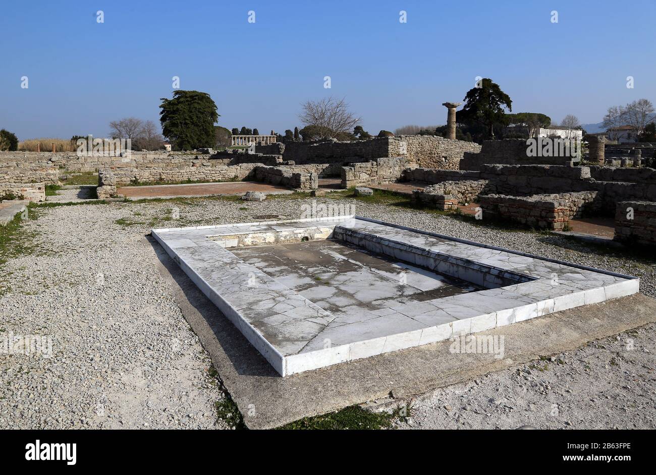 House with marble impluvium. Well preserved ruin in Paestum. Roman Period, 3rd Cent. BC. Archaeological site of Paestum. Campania, Italy. Stock Photo