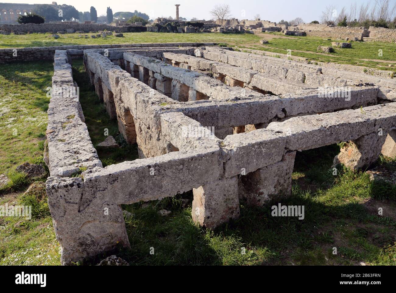 The public large pool. Sanctuary of Fortuna Virilis, 3rd Cent. BC. Ruins of Paestum, Roman Period. Site of Paestum, Campania, Italy. Stock Photo