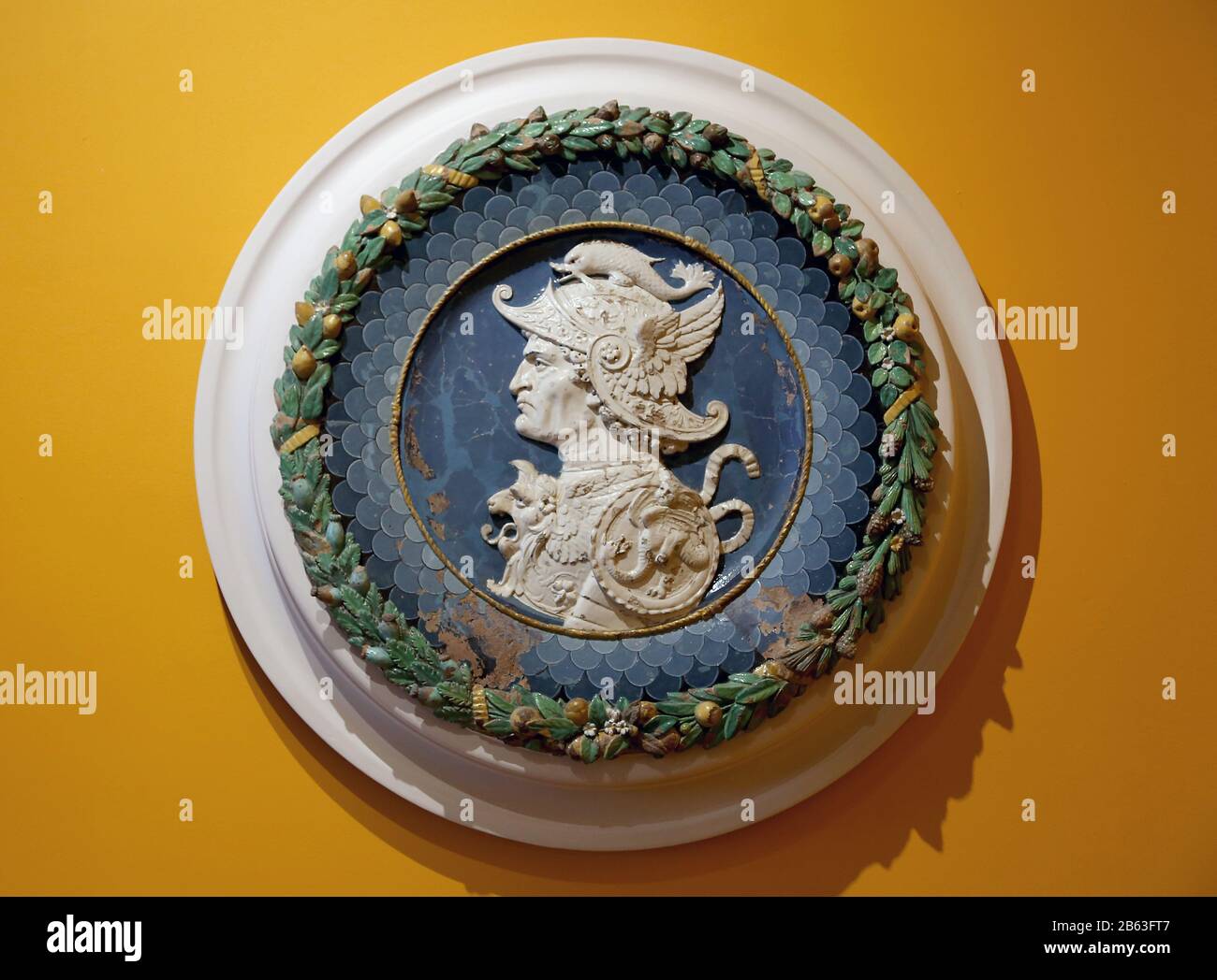Head of Darius III, king of Persia. Polychromed glazed clay, medaillon 16th cent. Andrea Della Robbia workshop. Arte Antiga, Lisbon. Stock Photo