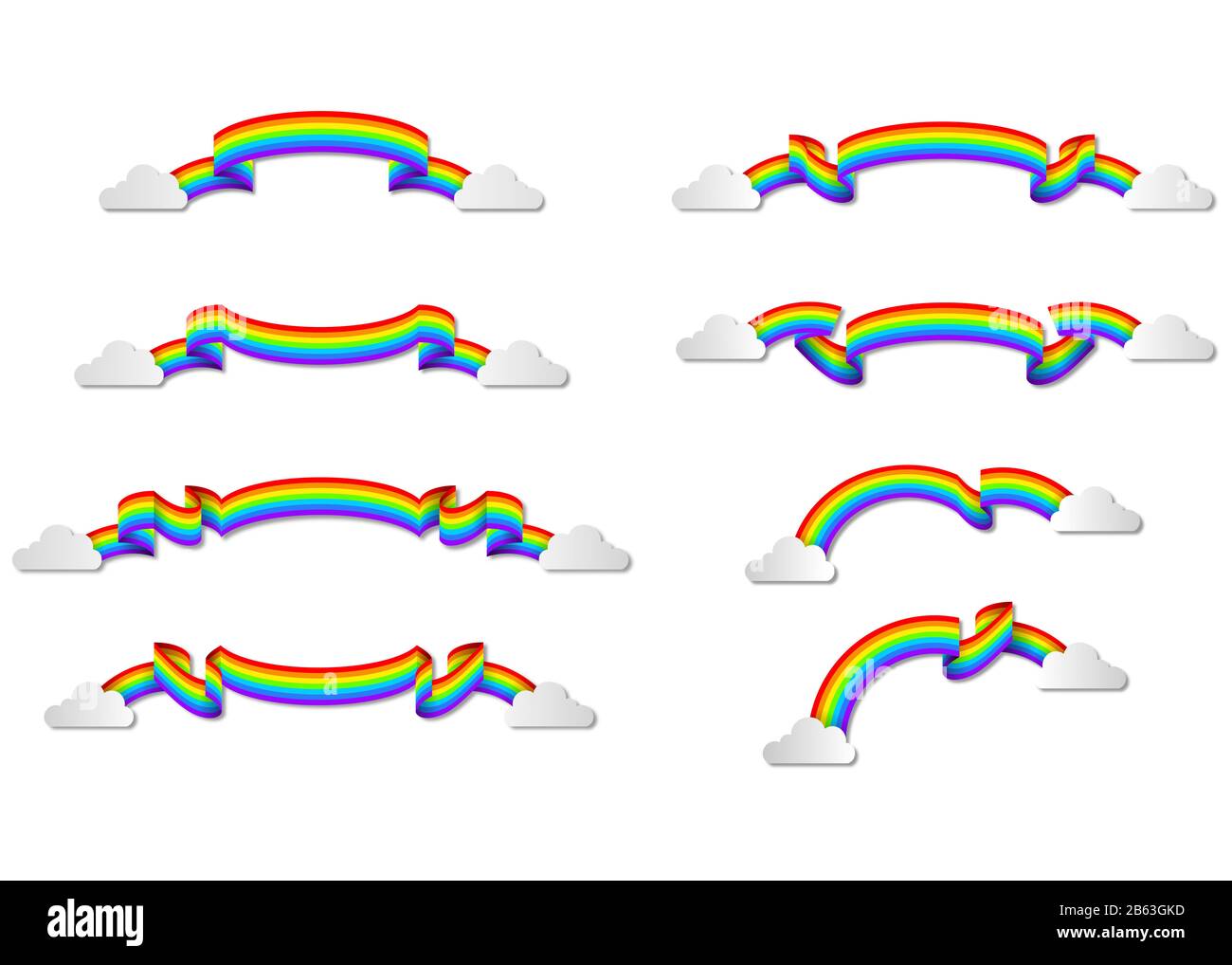 Set of ribbons with rainbow colors and clouds.  Rainbow banners or labels collection Stock Photo