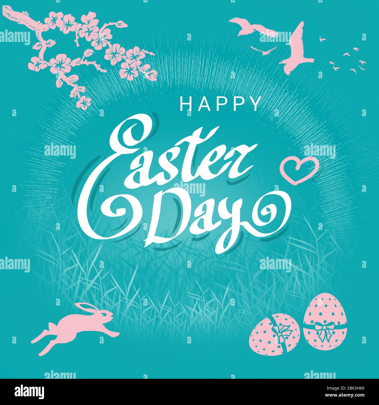 Happy Easter greeting card with rabbit and easter eggs on field grass. Stock Photo