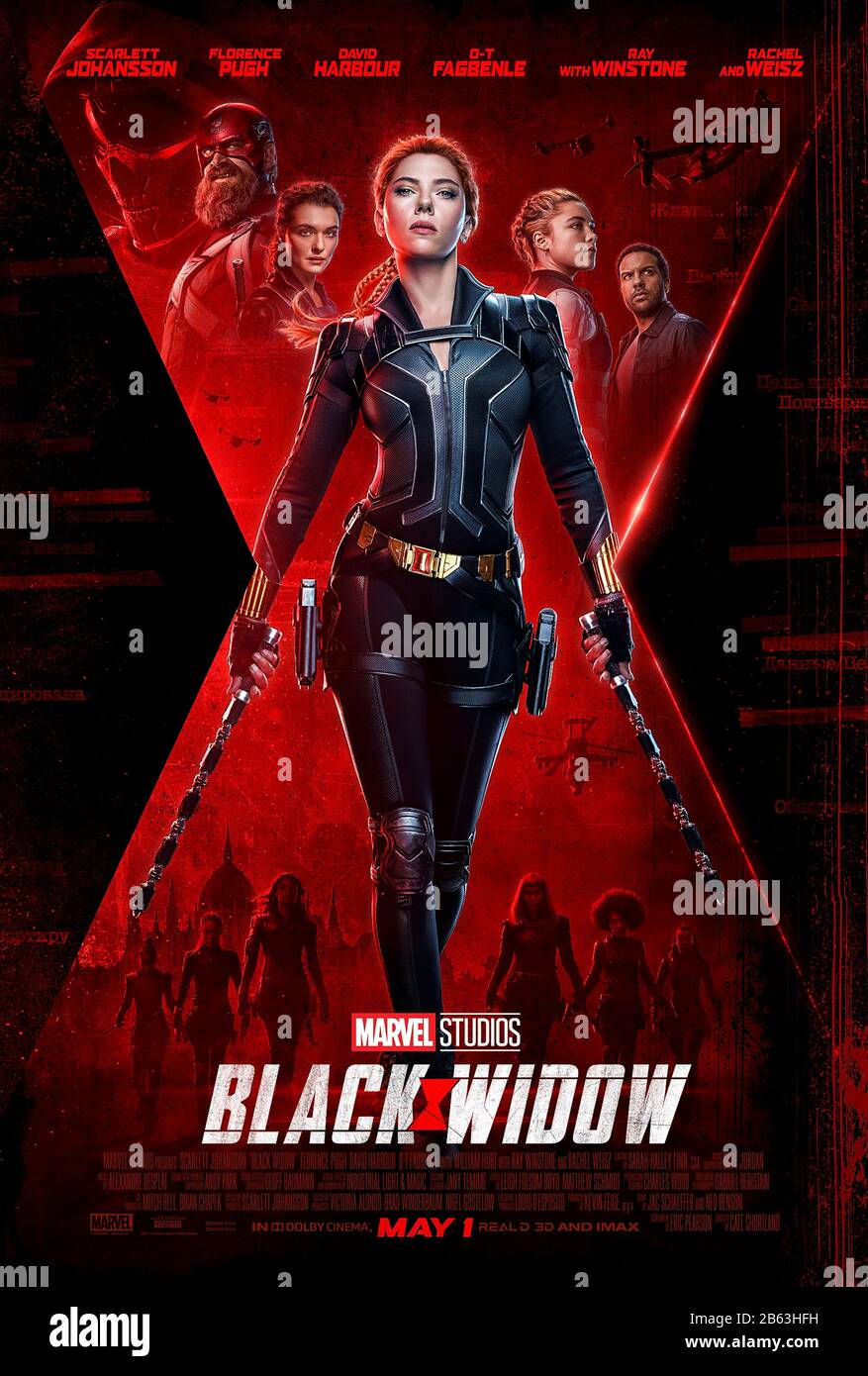 Black Widow (2020) directed by Cate Shortland and starring Florence Pugh, Scarlett Johansson, Rachel Weisz, David Harbour and O-T Fagbenle, gets her own Marvel Cinematic Universe instalment in a film set between Captain America Civil War and Avengers Infinity War when she is faced with her past as a spy before she became an Avenger. Stock Photo