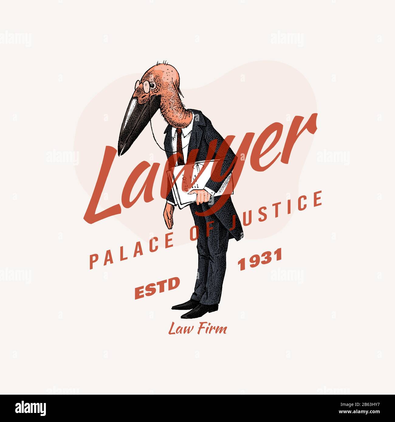Marabou character label. Bird man emblem. Lawyer in a classic office