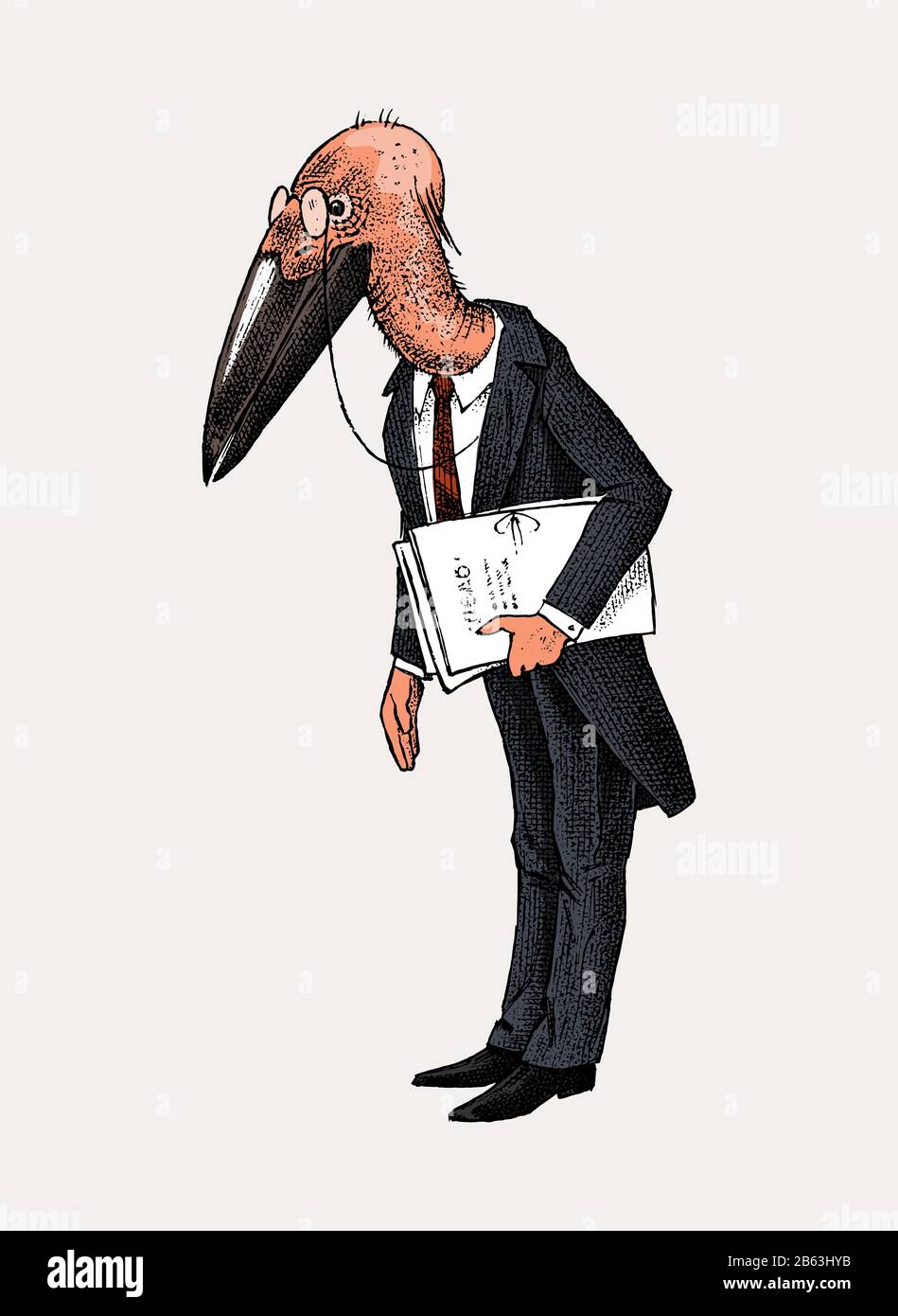 Marabou character. Bird man or Lawyer in a classic office suit with documents. Hand drawn fashionable stork. Engraved old monochrome sketch. Stock Vector