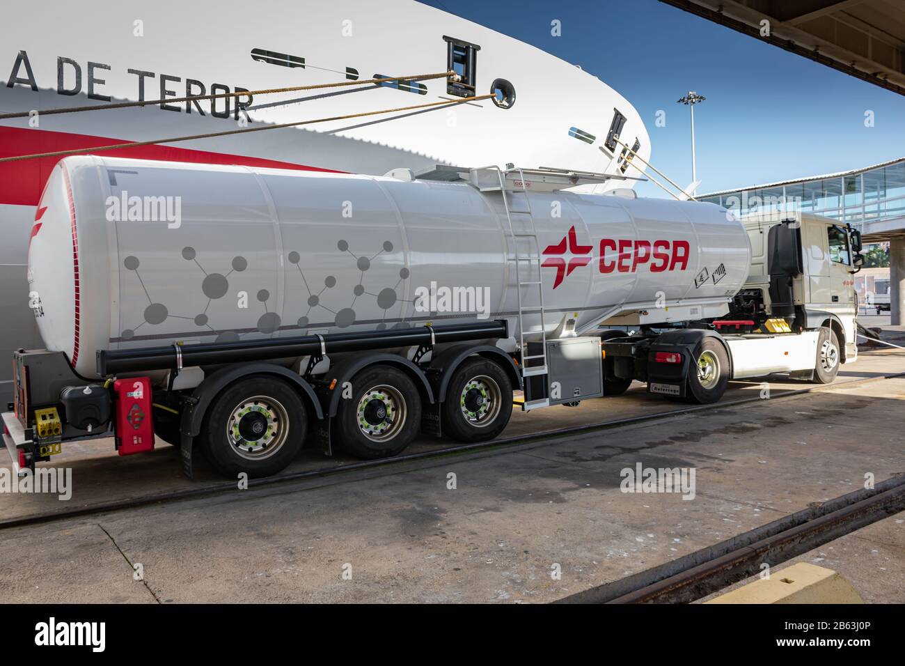 Tank truck of marine fuels of the Cepsa oil company waiting to supply a ship in the port in February 2020. Stock Photo