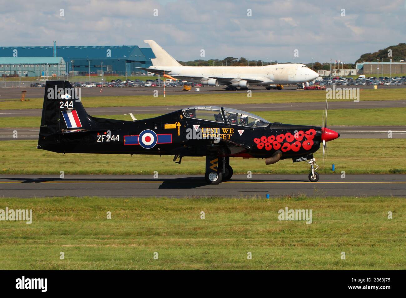 ZF244, a Shorts Tucano T1 operated by the Royal Air Force's Tucano Display Team, at Prestwick Airport during the Scottish Airshow in 2014. Stock Photo