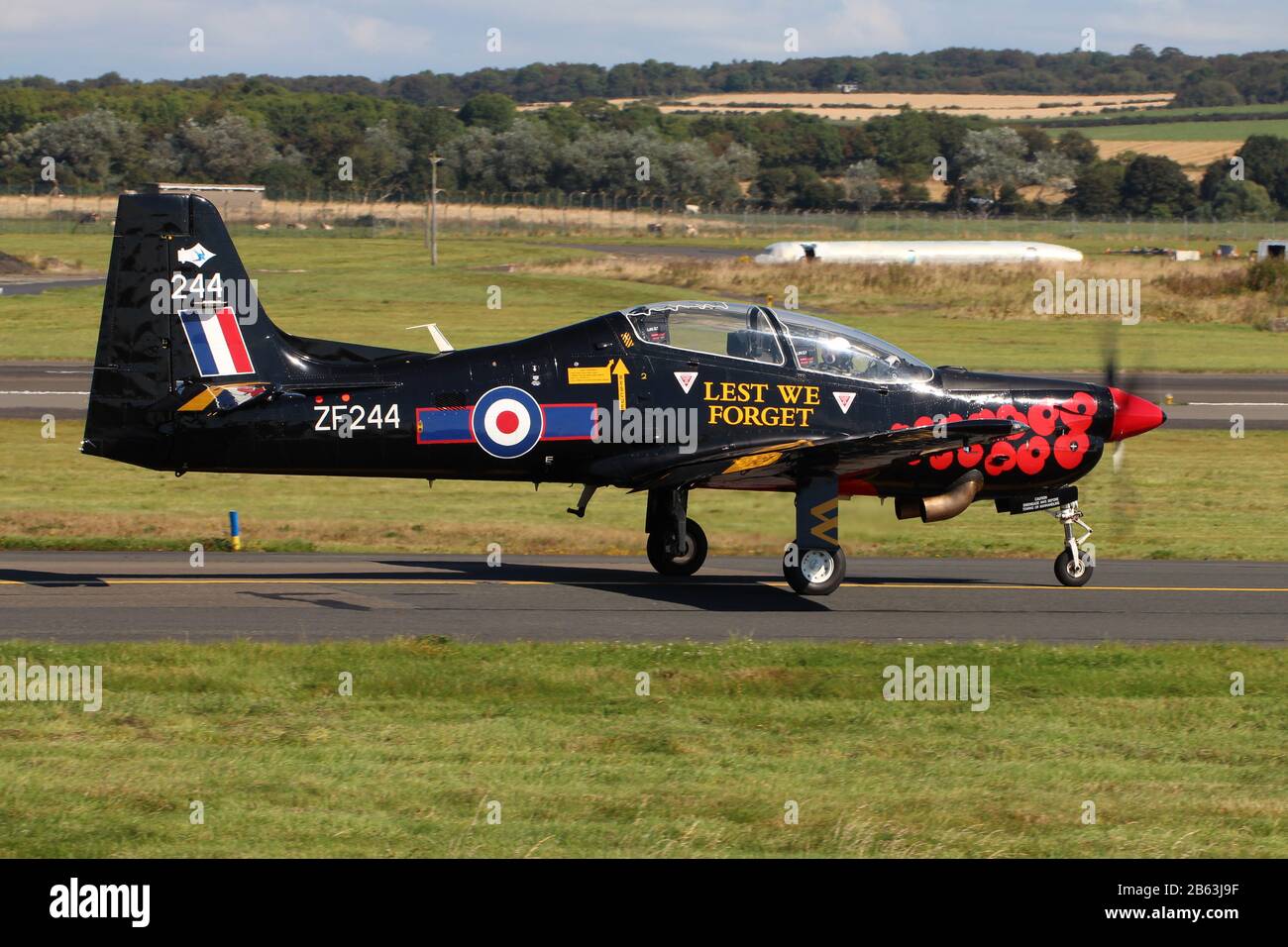 ZF244, a Shorts Tucano T1 operated by the Royal Air Force's Tucano Display Team, at Prestwick Airport during the Scottish Airshow in 2014. Stock Photo